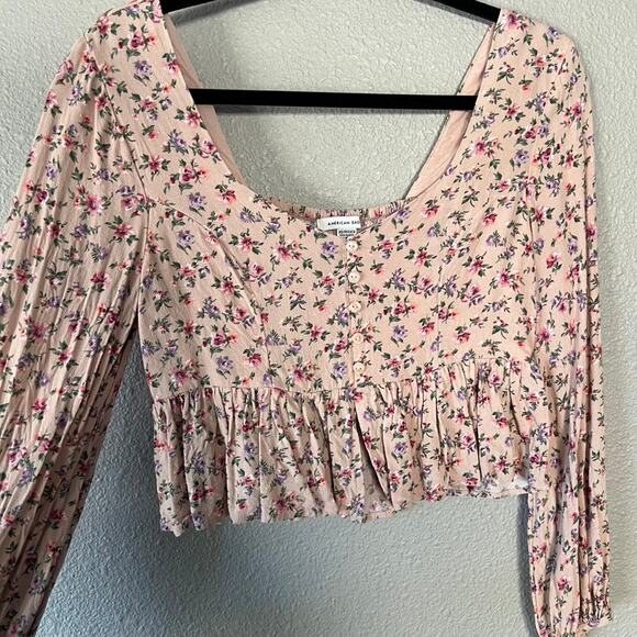American Eagle Cropped Babydoll Peasant Smocked Long Sleeve Floral Blouse XS - Picture 3 of 10
